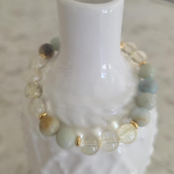 Amazonite and citrine Beaded Bracelet, Gold Vermeil Accents, Boho Stackable
