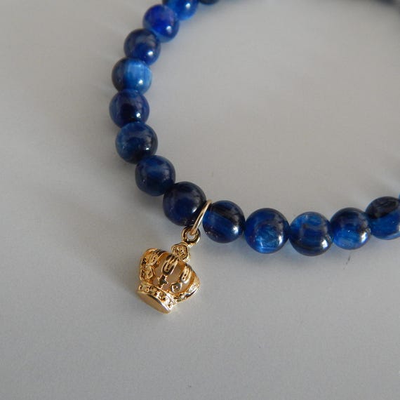 Blue kyanite stretch bracelet with gold vermeil crown charm, stacking bracelet, blue bracelet, boho chic