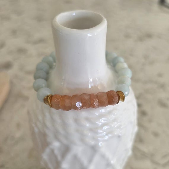 Amazonite and sunstone bracelet, Gold Vermeil Accents, Boho Stackable