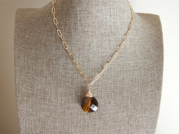 Faceted tigers eye briolette necklace, gold cable chain, layering necklace, boho necklace, wire wrapped gemstone, neutral