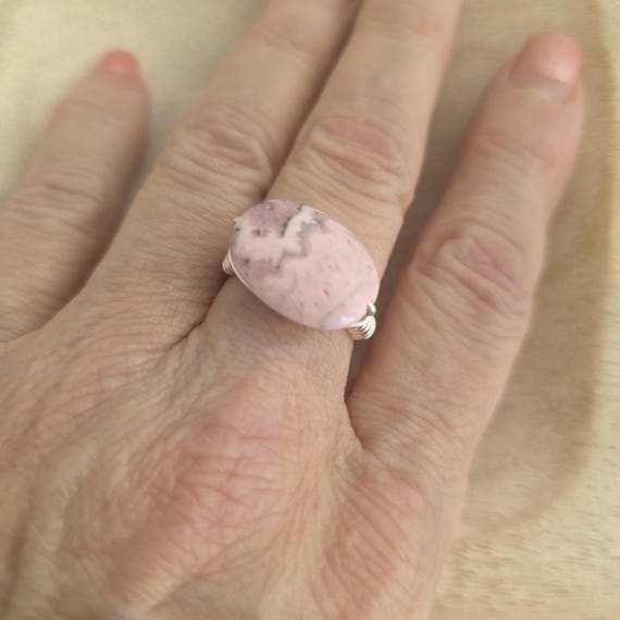 Wire wrapped pink rhodochrosite ring, statement jewelry