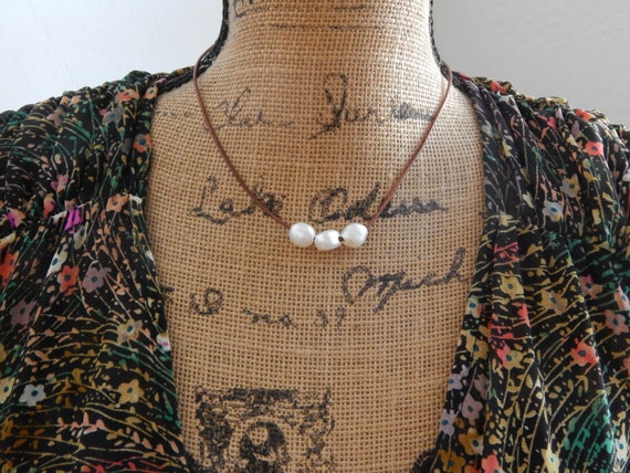 Freshwater triple pearl and leather necklace, beachy chic, bohemian style, casual