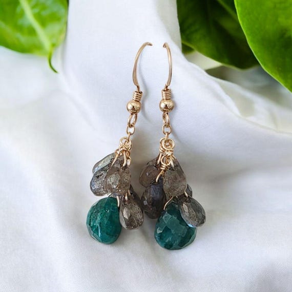 14kt gold filled emerald and labradorite cluster earrings, boho jewelry, gift for her