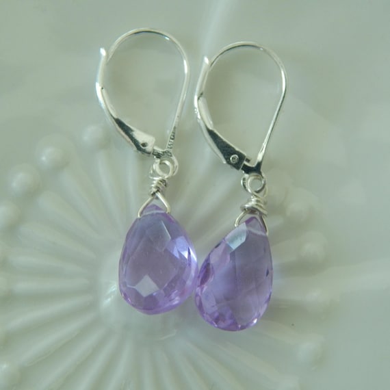 Purple quartz tear drop dangle earrings, sterling silver leverbacks, boho jewelry, gift for her