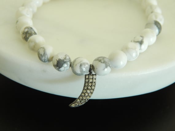 White howlite stretch bracelet with pave diamond horn charm, stacking bracelet, boho chic, boho luxe bracelet