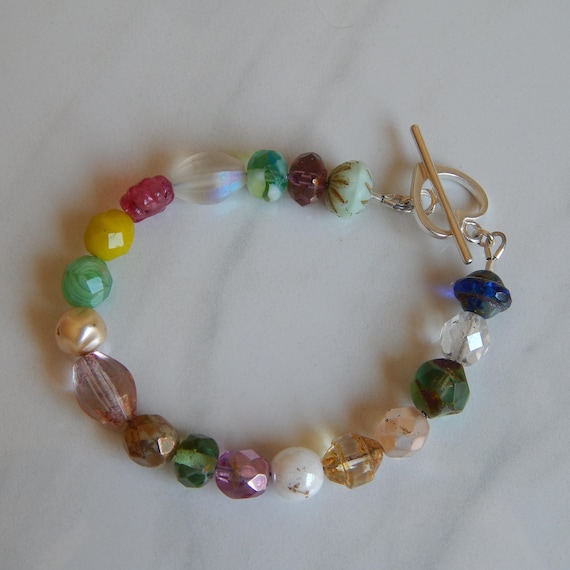 READY TO SHIP Colorful czech glass bracelet with sterling silver heart clasp, gift for her