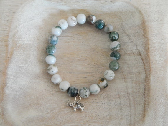 Tree agate stretch bracelet with sterling silver elephant charm, stacking bracelet, green and white, boho chic, wildlife