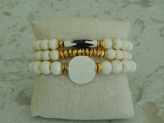 Bone bead bracelet with gold spacers, beach boho jewelry, stacking bracelets, boho luxe jewelry, neutral