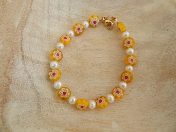 Yellow millefiori glass bracelet with freshwater pearls, gift for her, boho bracelet, glass and pearls
