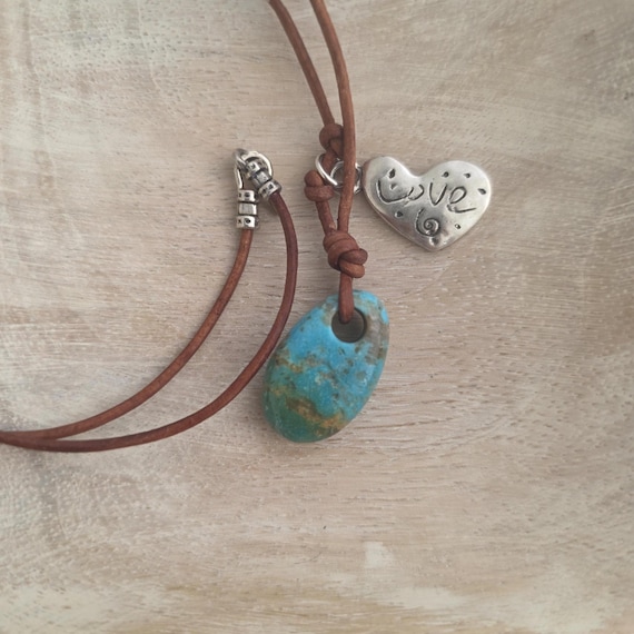 Turquoise nugget necklace with sterling silver heart pendant, artisan silver