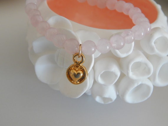 Rose quartz stretch bracelet with gold vermeil heart charm, boho stack, layering bracelet, gift for her