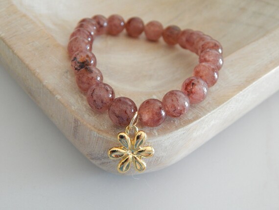 Strawberry quartz bracelet with gold vermeil flower charm, stacking bracelet, dark pink gemstone, gift for her