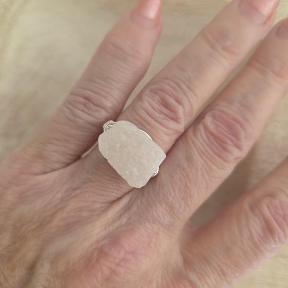 White druzy wire wrapped ring, crystal ring