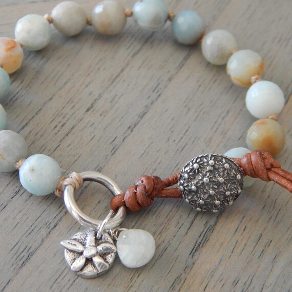 Hand knotted faceted amazonite with sterling silver button, stacking bracelet, boho chic