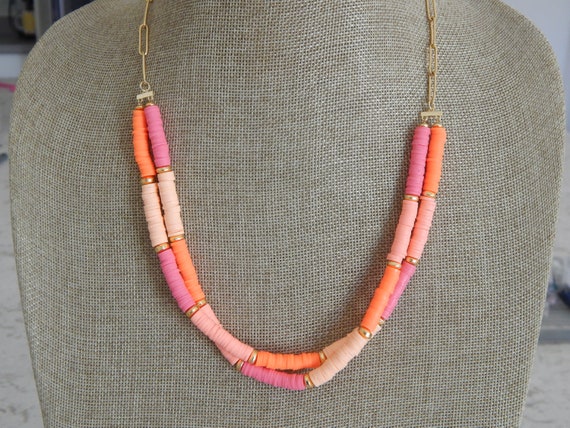 Color block multi layer clay disc necklace with gold beads, beach necklace, summer jewelry, choker