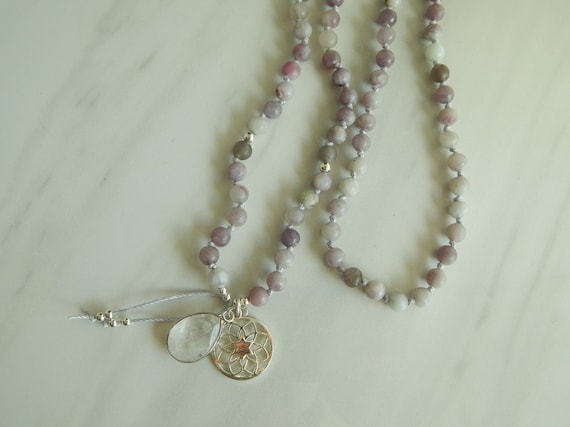 READY TO SHIP Chinese tourmaline handknotted mala pendant necklace, Happiness, 108 bead gemstone mala, 6mm mala