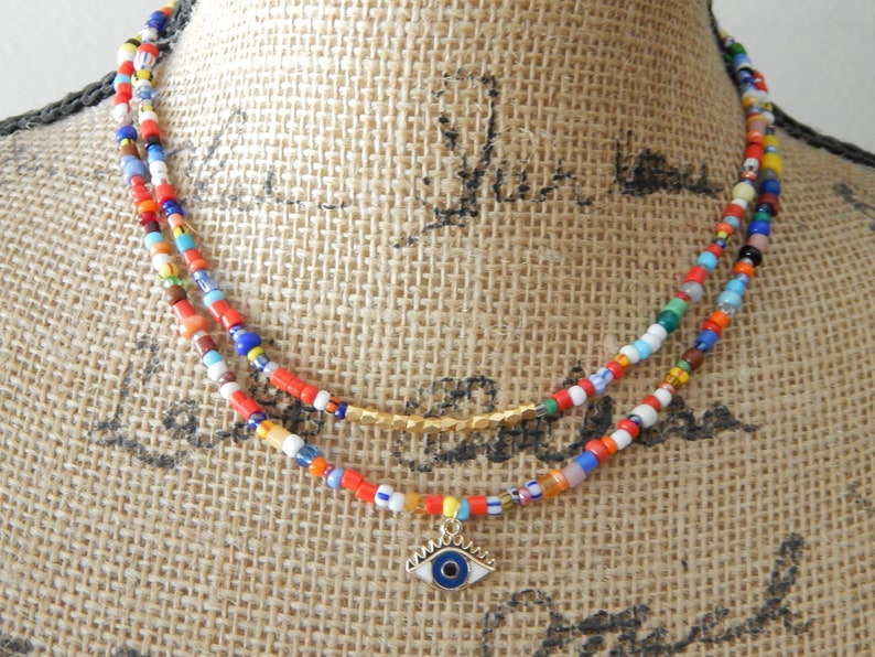 Dainty Colorful Glass Seed Bead Necklace With Brass Beads Etsy