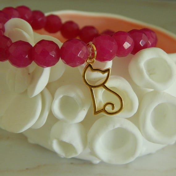 Hot pink faceted jade stretch bracelet with gold vermeil cat charm, stacking bracelet, pink and gold, boho chic