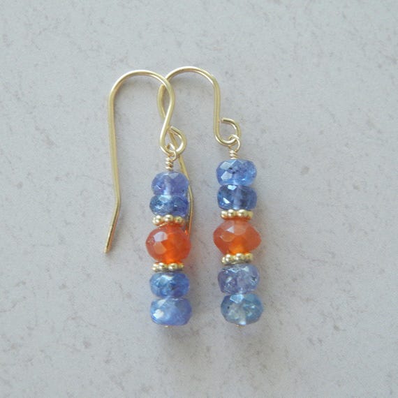 Tanzanite and carnelian bar earrings, gift for her, dangle earrings, modern style jewelry