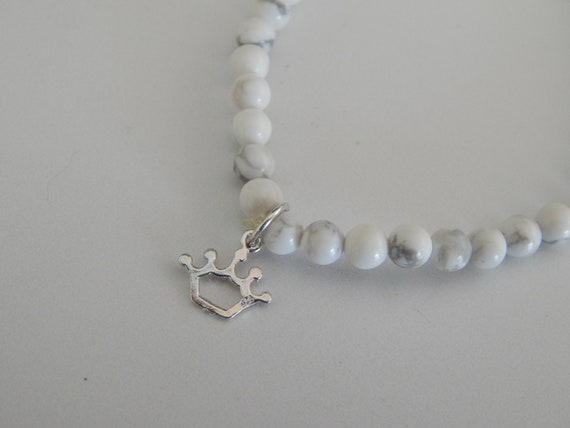 Dainty howlite stretch bracelet with sterling silver crown charm, boho chic, delicate stacking bracelet