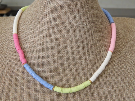 Color block clay disc necklace with gold beads, beach necklace, summer jewelry, choker