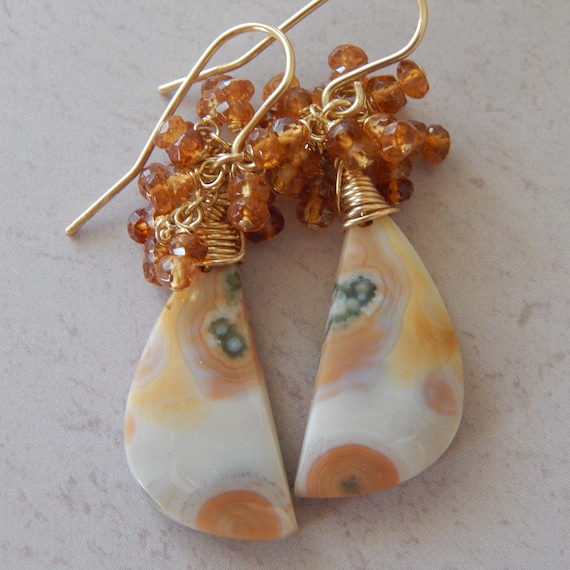 Ocean jasper and garnet cluster earrings, gold filled earwires, boho style jewelry