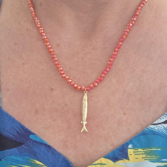 Faceted crystal beads with gold plated fish pendant, summer necklace