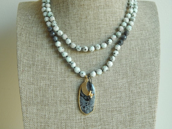 READY TO SHIP Handknotted 108 bead mala necklace, Protective mala, kiwi jasper and larvikite mala, boho necklace, beach chic
