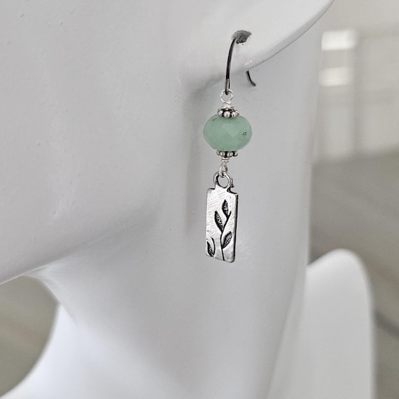 Artisan sterling silver earrings with leaf motif, modern style jewelry, green chrysoprase gemstone