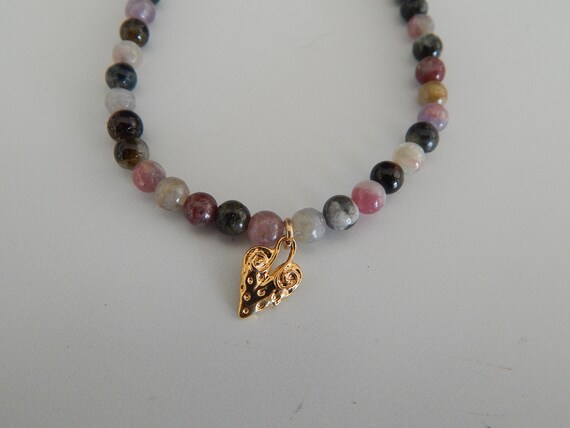 Dainty tourmaline stretch bracelet with gold vermeil heart charm, stacking bracelet, boho chic, multicolored tourmaline