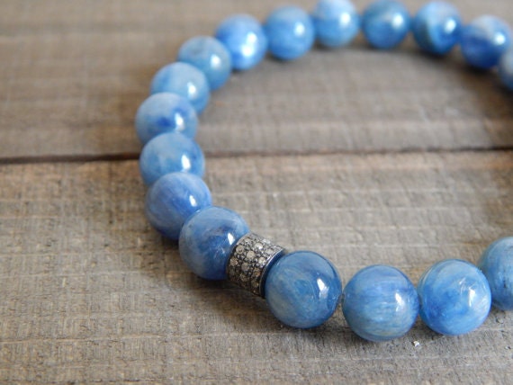 Blue kyanite stretch bracelet with pave diamond bead, stacking bracelet, deep blue bracelet, boho chic, boho luxe bracelet, diamonds