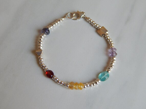 Silver hematite bracelet with multigemstones and sterling silver, dainty gemstone bracelet, rondelle gemstone