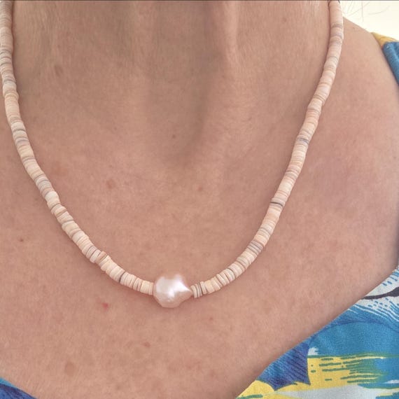 Pink and white Heishi Shell with pink Pearl Necklace, summer jewelry