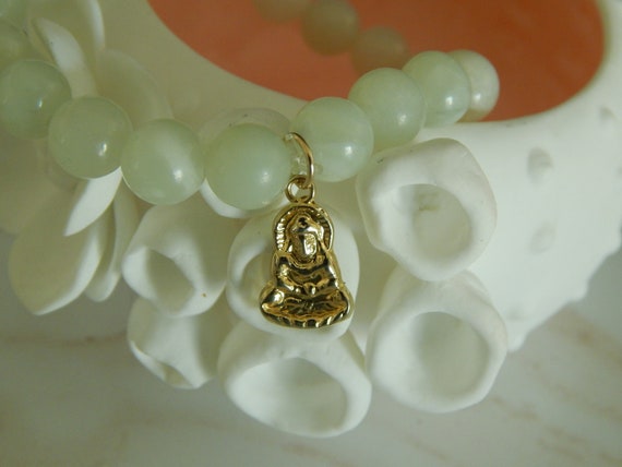 Jade stretch bracelet with gold vermeil buddha charm, stacking bracelet, luck bracelet, boho chic