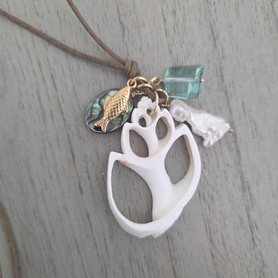 Shell and fish necklace, beach jewelry, long necklace for summer