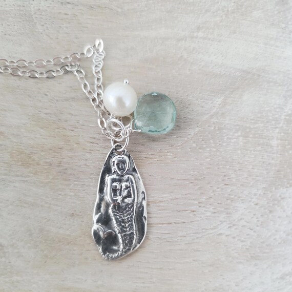 Sterling silver mermaid necklace with pearl, beach boho jewelry, summer necklace