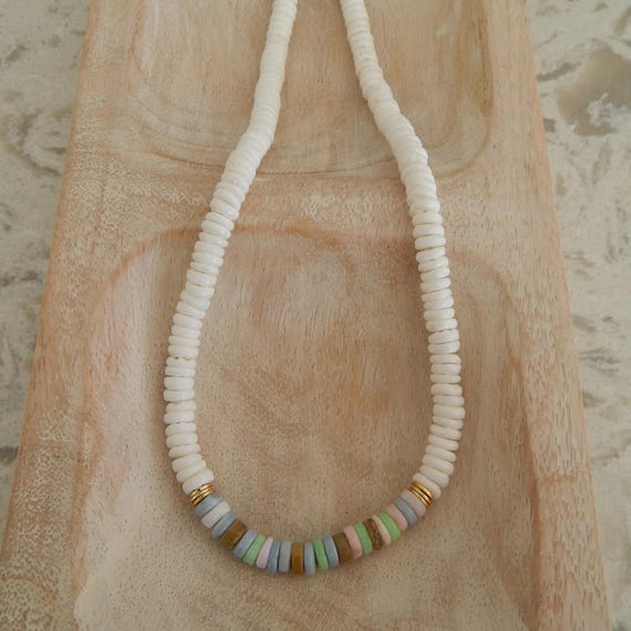 White shell heishi and multi gemstone necklace, beach jewelry, shell choker