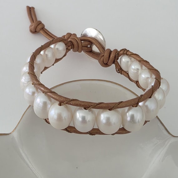 Freshwater Pearl Bracelet, Leather Cord, Mother of Pearl Button, Boho Jewelry