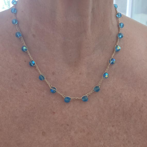 Crochet necklace with blue czech glass, summer necklace