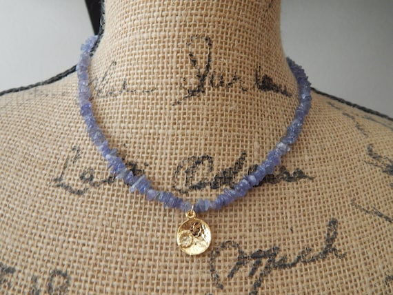 Petite tanzanite gemstone chip necklace with 18kt gold plated coin, dainty necklace, beach boho