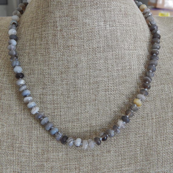 READY TO SHIP Hand knotted gray agate necklace, gift for her, boho necklace, sterling silver clasp
