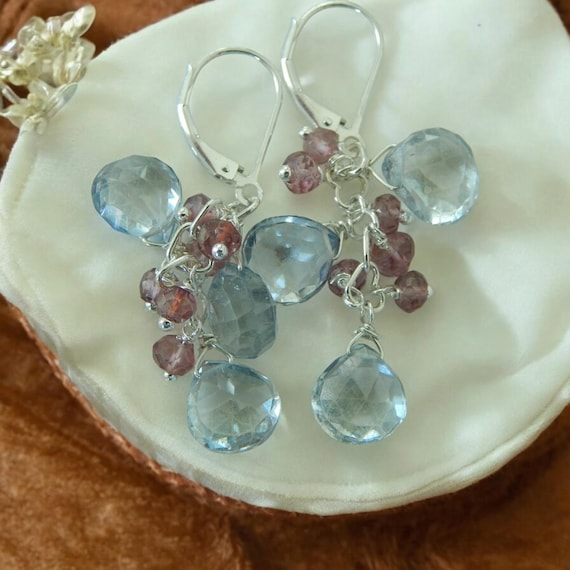 Blue quartz briolettes with pink quartz earrings, sterling silver leverbacks, boho jewelry, gift for her