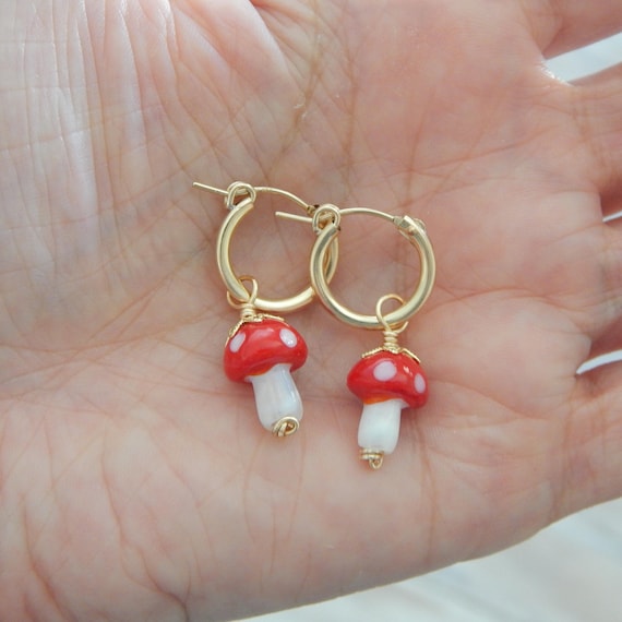 READY TO SHIP Gold filled hoop earrings with glass mushroom dangles, boho hippie jewelry, huggie earrings