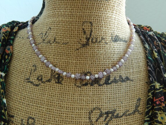 Lavender flower shape millefiori glass bead necklace with freshwater pearls, gift for her, boho bracelet, glass and pearls