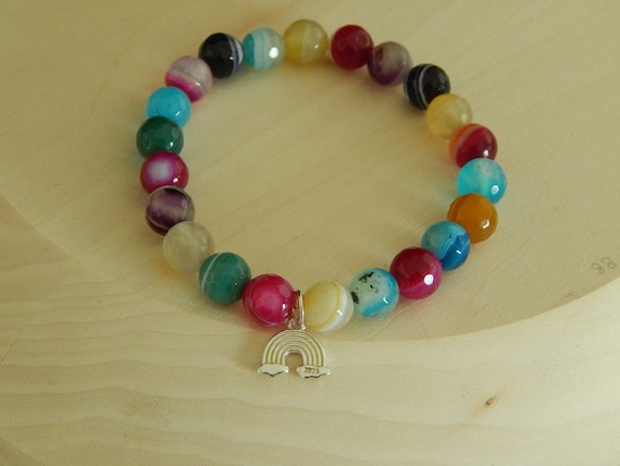 Multicolored faceted agate stretch bracelet with sterling silver rainbow charm, stacking bracelet, colorful bracelet, rainbow jewelry
