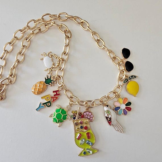 Gold Plated Multi Charm Necklace, Colorful Enamel Charms, 16 Inch