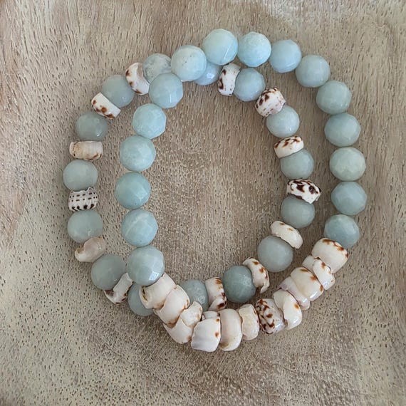 Amazonite and puka shell bracelet set, summer jewelry