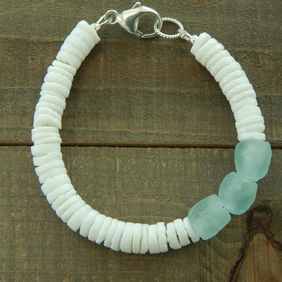 Heishi shell and seaglass bracelet, statement jewelry, summer jewelry