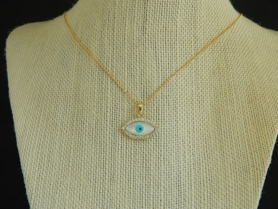 Evil eye necklace with pave cubic zirconia, dainty necklace, mother of pearl evil eye