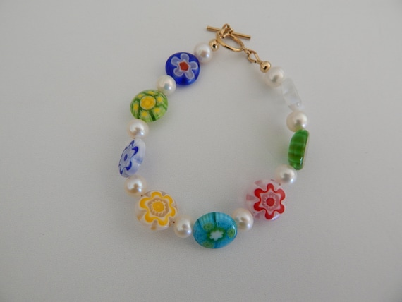 Colorful millefiori glass bracelet with freshwater pearls, 14kt gold filled toggle, gift for her, boho bracelet